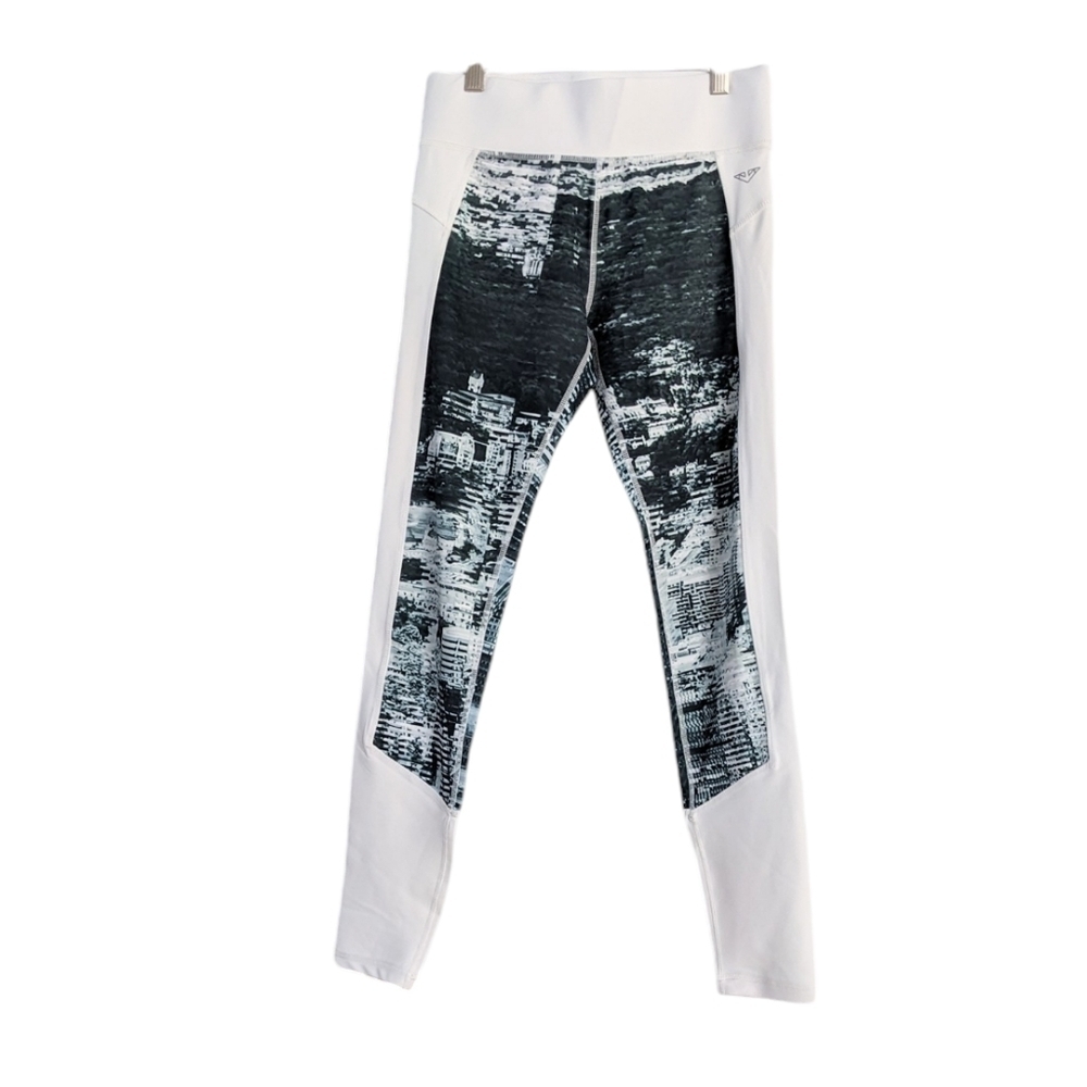 Industry urban abstract print sport gym yoga pants grey white small T4